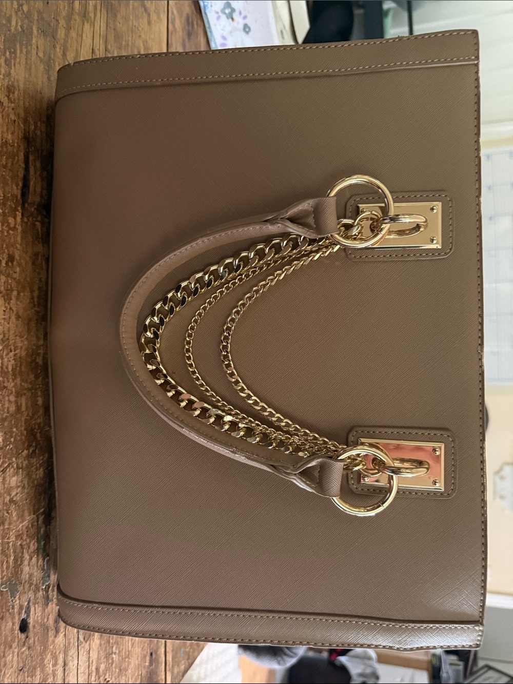 JustFab Taupe Tote with Gold Chain Accents
